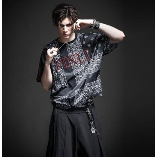 Free shipping New mens male T-shirt 2020 black summer night shine loose short-sleeved design embroidery hip-hop BC212611367