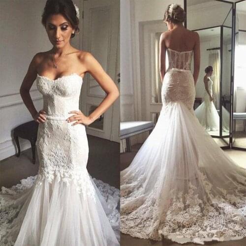 Real Sweetheart Mermaid Wedding Dresses Lace Applique Tulle Sweep Train Bridal Gowns Zipper Sexy Back Trumpet Dress