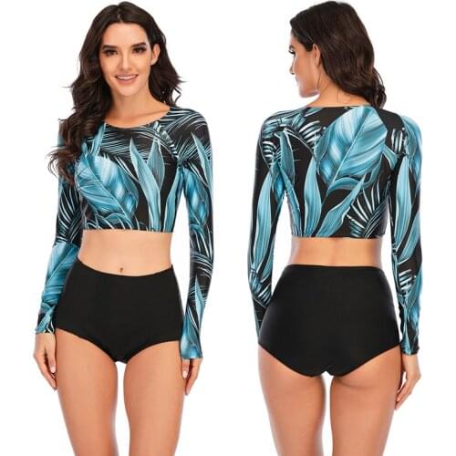 High Waist Rash Guard Swimsuit Sport Surf Suit Long Sleeve Tankini Swimwear Two Piece Plus size Print Bathing suit Female Beach
