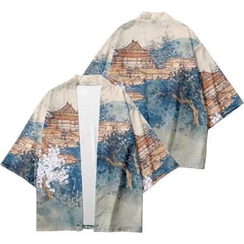 New Summer Kimono Landscape Creative 3D Printing Seven-point Shirt Robe Cardigan Loose Mens Feather Woven Delivery