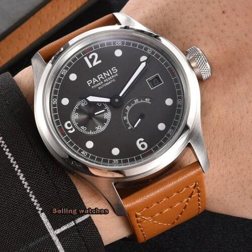 46mm Pani Grey/Black Dial Brown Leather Strap ST 2530 Date Luminous Mechanical Mens Watch Power Reserve Automatic Mens Watch Sen