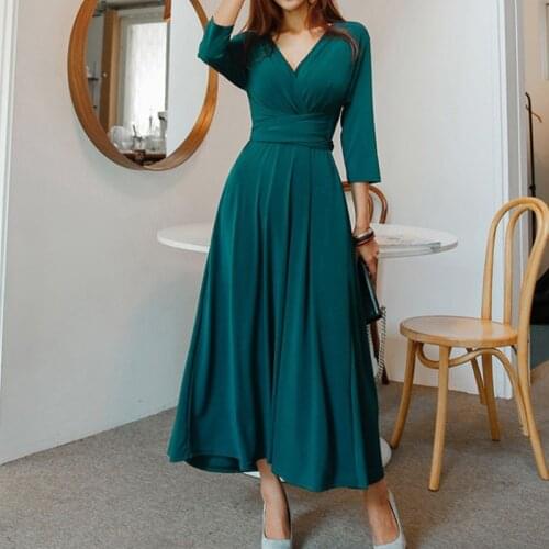 New arrival comfortable solid party v-neck formal dress temperamental high quality work style beach long a-line dress