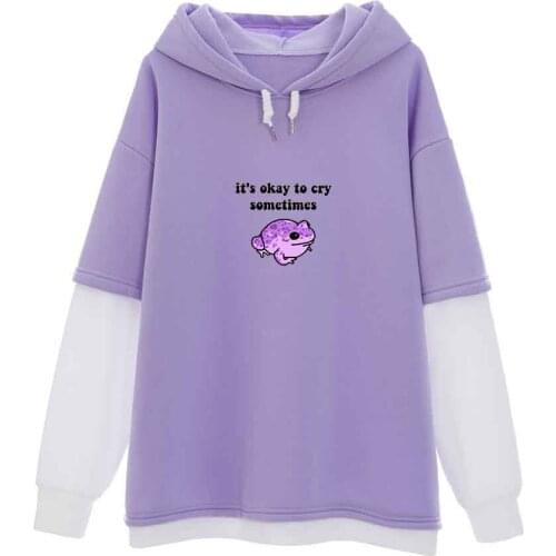 Purple Top Fake Two-piece for Men Women Frog Print Kawaii Oversized Hoodie New Fashion Hip Hop Streetwear Pullover Sweatshirt