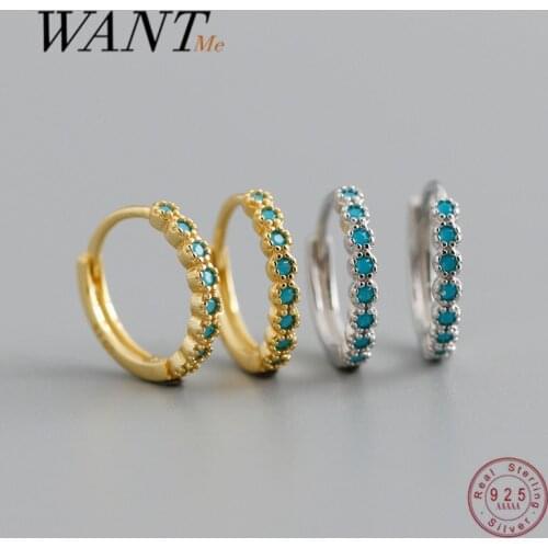 WANTME Minimalist Korean Lace Blue Zircon Round Stud Earrings for Women Real 925 Sterling Silver Teen Office Jewelry Accessories