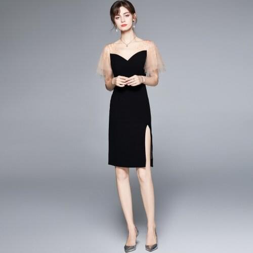 Party Dress Mini Slim Slim Shorts Sleeve Beading Mesh stitched small black Dress side fork Dress Vintage Women Clothing 886E