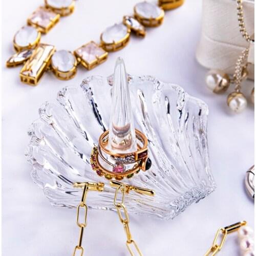 H&D Vintage Scallop-shaped Crystal Ring Holder Figurine Jewelry Tray Trinket Dish Home Wedding Decoration Women Engagement Gift