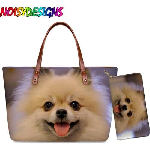NOISYDESIGNS Mujer 2pcs Fashion Handbags & Purse Pomeranian Dog Printed Women Handbags Tote Bag for Female Travel PU Wallets