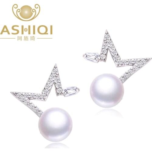 ASHIQI 925 Sterling Silver Frewshwater Pearl Star Earrings White 7-8mm Natural Pearl Jewelry for women AAA Zircon wholesale