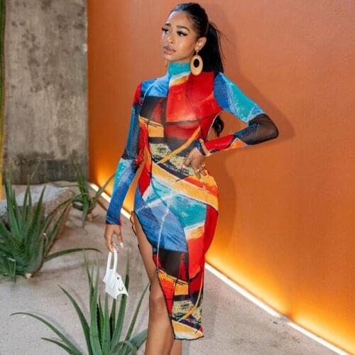 Women Printed Long Sleeve Irregular Bodycon Dress Sexy High Split Party Midi Dresses Fall Elegant Night Club Dresses Streetwear