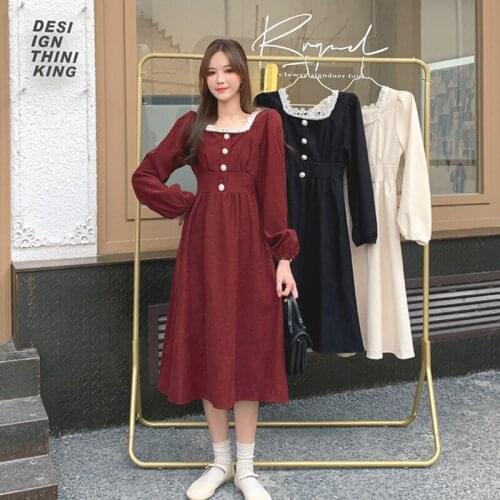 French Retro Puff Sleeve Black Dress Female Mid-Length Autumn and Winter Waist-Controlled Slimming sweet lolita dress