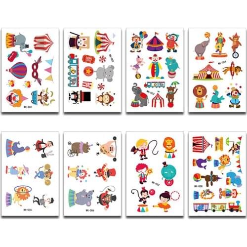 HX5D 8 Sheets Cartoon Animal Circus Tattoo Stickers Kids Cute Temporary Tattoos Art Children Birthday Kids Bachelorette Party