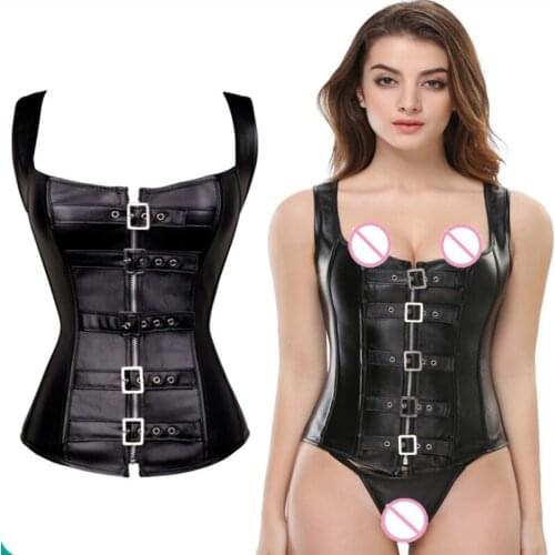 Ecowalson hot sales Sexy Women STEEL BONED Faux Leather gothich Corset Steampunk Bustier Top Lingerie Black