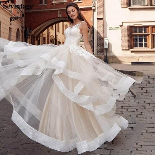 Sevintage Elegant Tiered Wedding Dresses Boho Sleevelss Tulle Bride Gowns Floor Length Corset Bridal Dress robe de mariee 2020