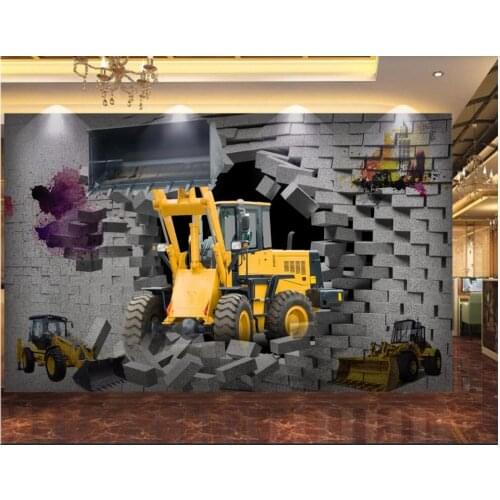 Custom mural 3d wall mural Breaking through the wall, excavator industrial tooling home decor photo wallpaper for walls 3 d