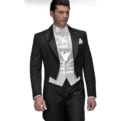 Tailcoat Groom Tuxedo Black Groomsmen Peak Satin Lapel Wedding/Dinner Suits Best Man Bridegroom (Jacket+Pants+Tie+Vest)B310
