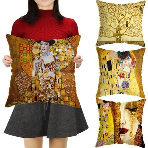 Gustav Klimt Oil Painting Cushion Cover Gold Pattern Print Pillow Case Vintage Decorative Pillow Cover Sofa Chair Pillow Case 45