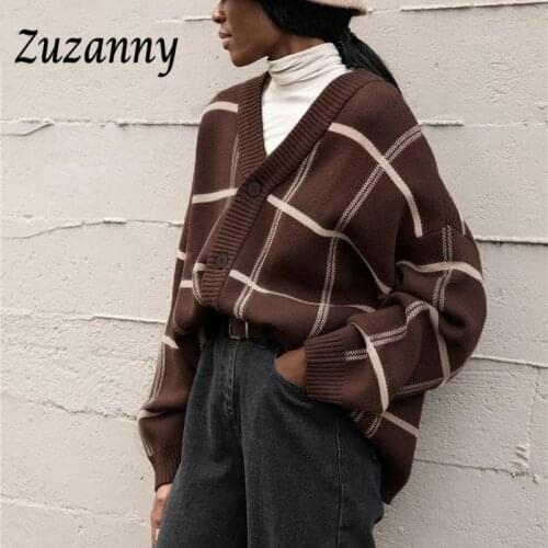 Zuzanny Plaid Vintage Cardigans for Women 2021 Fashion V Neck Autumn Winter Knitted Jumpers Thick Oversized Sweater Cardigans