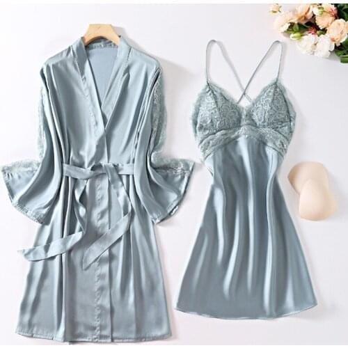 Bride 2pcs Robe Gown Sets Womens Lace Satin Nighty Bathrobe Sleep Suit Kimono Sleepwear Sexy Summer Nightgown Lounge Nightwear