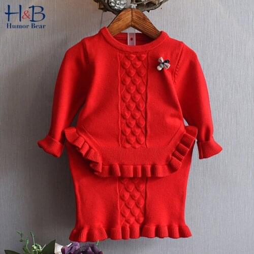 Humor Bear Girls Clothes Set Autumn Winter Jacquard Ruffled Knitted Sweater+Hip Skirt 2pcs Warm Toddler Kids Clothing