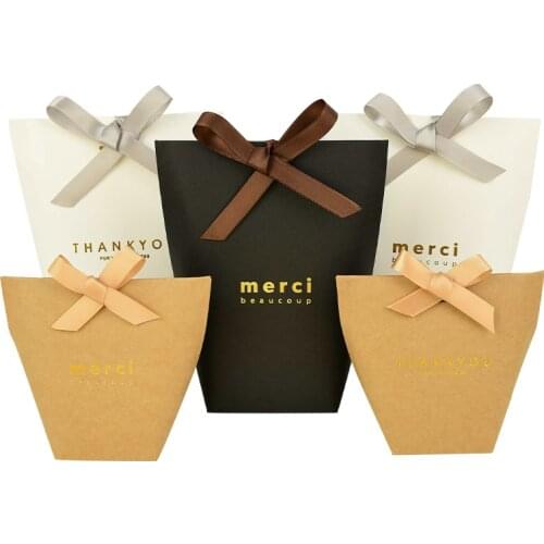 5Pcs Merci Thank You Gifts Box With Ribbon Black Kraft Paper Wedding Favor Candy Box For Home Birthday Party Gifts Packing Decor