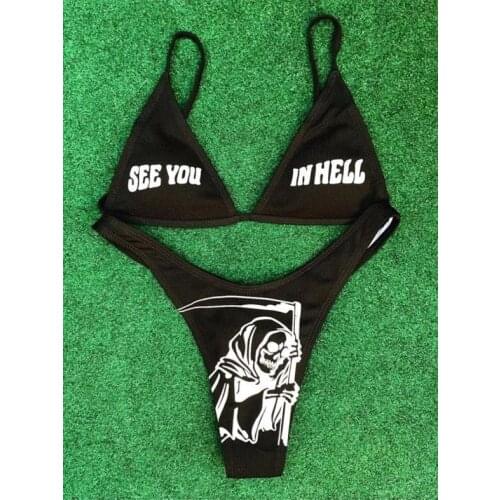 Women Funny Printed 2Pcs Bikini Suits Deep V-neck Detachable Breast Pad Sling Tops with Triangle Bottoms Swimsuits 2021 New