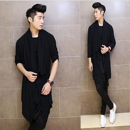 M-4xl Korean New Fashion Mens Long-sleeved Shirt Tide Hairstylist Cape Long Shirt Long-sleeved Knit Cardigan Singer Costumes