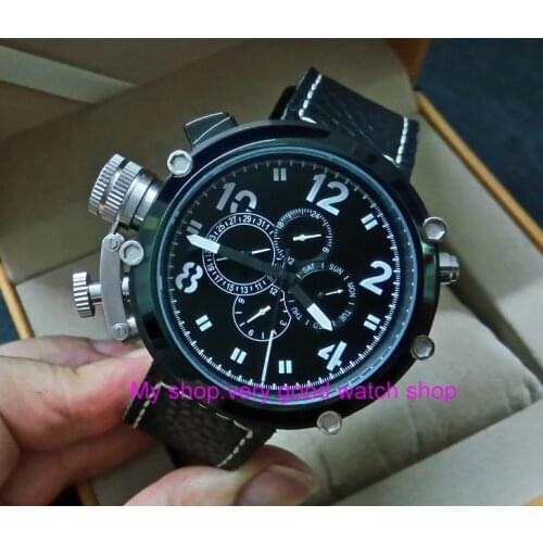 50mm PARNIS left hand crown black dial Automatic Self-Wind movement Auto Date Mens watch cow Leather strap PVD case 399A