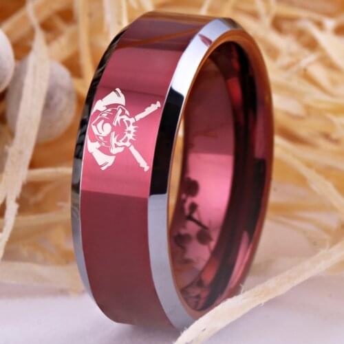 Firefighter Axe and Skull Ring Red Tungsten Mens Ring Firepolice Ring Wedding Engagement Ring Anniversary Gift Ring