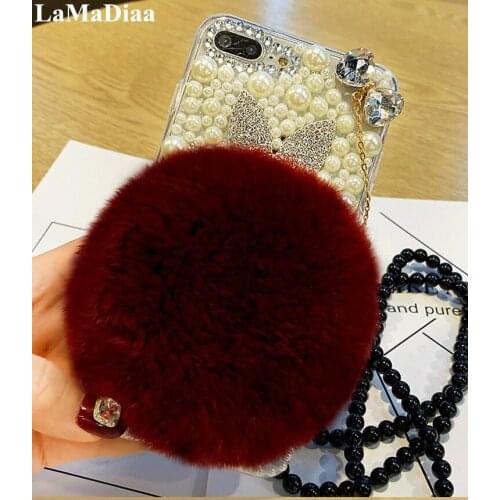 Warm Fluffy Rabbit Fur Bling Diamond Pearl Jewelry Soft Case Cover For Huawei Honor8 9 10 20 Lite V10 V20 V30 7X 8X 9X Nova4 5 6
