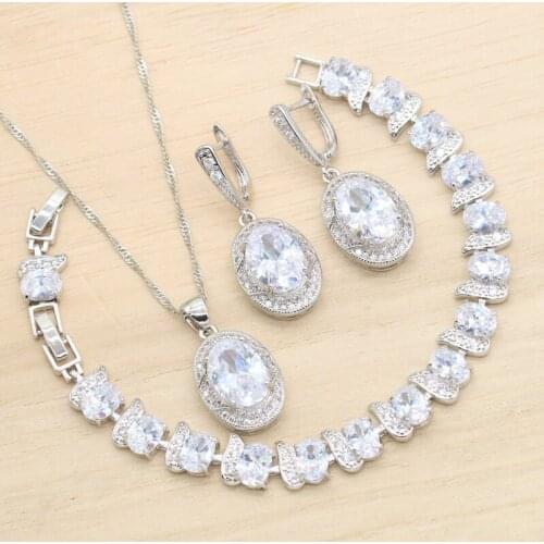 Luxurious White Cubic Zircon Silver Color Wedding Jewelry Sets For Women Earrings Pendant Necklace Bracelet Christmas Gift