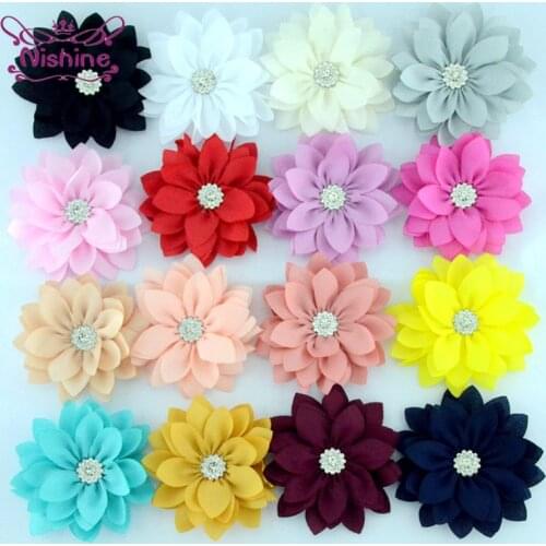 Nishine 5pcs/lot 3.6" Lotus Chiffon Flowers With Button for Children Headband Clips Diy Kids Girls Women Hair Accessories