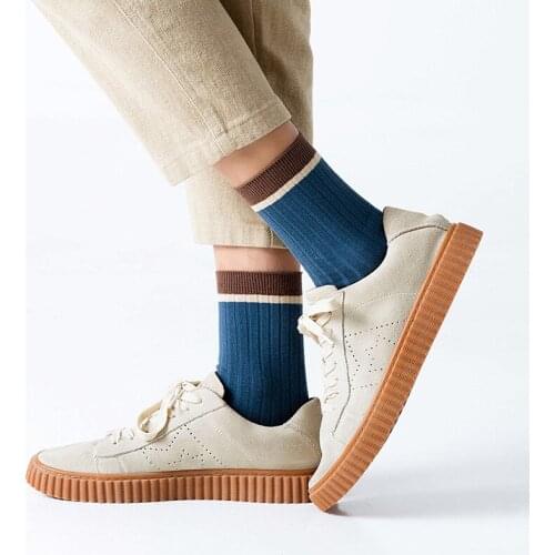 High Quality Solid Colors Mens Socks Middle Tube Needles Knitting Striped Cotton Socks