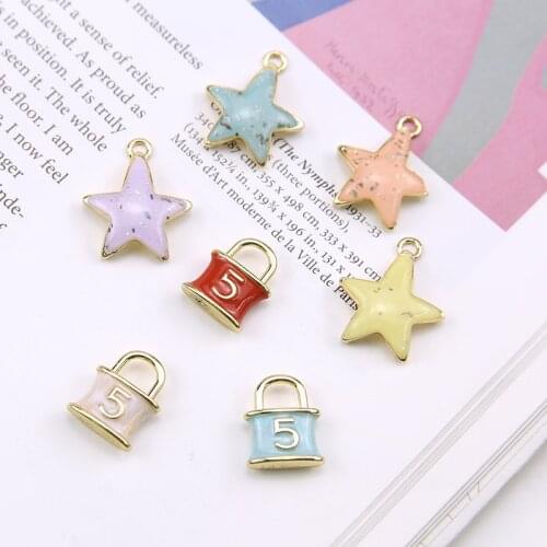 New 30pcs/lot glitter stars/number 5 lock shape alloy drop oil floating locekt charms diy jewelry earring/garment accessory