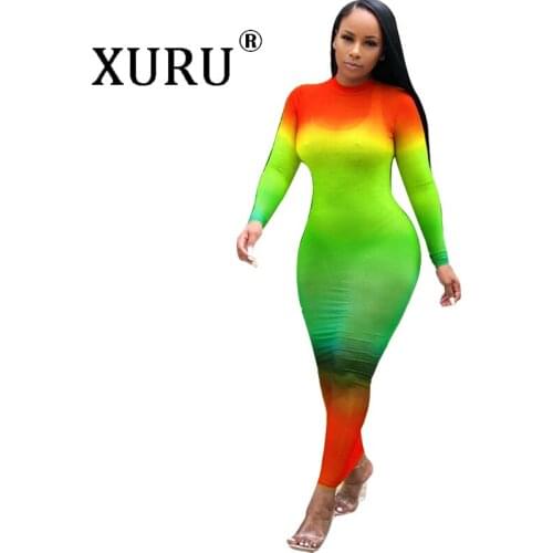 XURU autumn new womens dress gradient color perspective sexy dress