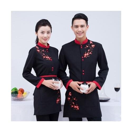 Long Sleeve Working Clothes 2019 Spring/Fall Hotel Flower Print Shirt+Apron Set Coffee Shop Waiter Uniform Coat Cheap Restaurant