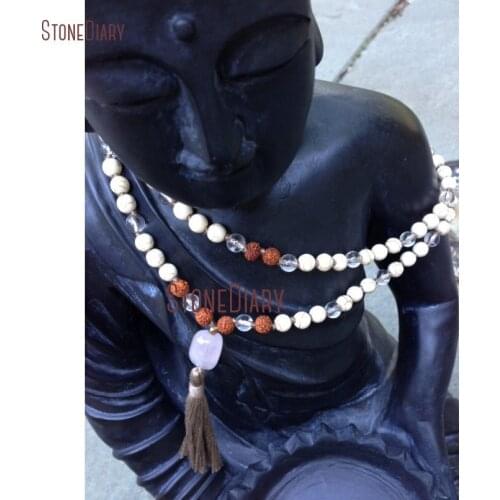 108 Bead Mala Japa Meditation Necklace Hand knotted Howlite Clear Quartz & Rudraksha Beads Necklace With Tassel NM11011