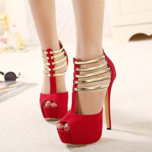 Super high heels 14CM club sexy T - link buckle, thin heel fish toe shoes summer metal matching Roman sandals woman