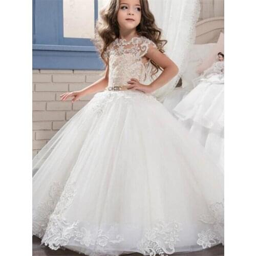 Flower Girl Dresses With Bow Beaded Crystal Lace Up Applique Ball Gown First Communion Dress for Girls Customized Vestidos Longo