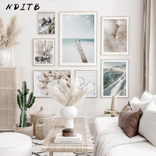 Ocean Beach Seascape Poster Canvas Wall Painting Rocks Bridge Art Print Seashell Flower Artwork Picture Modern Living Room Decor