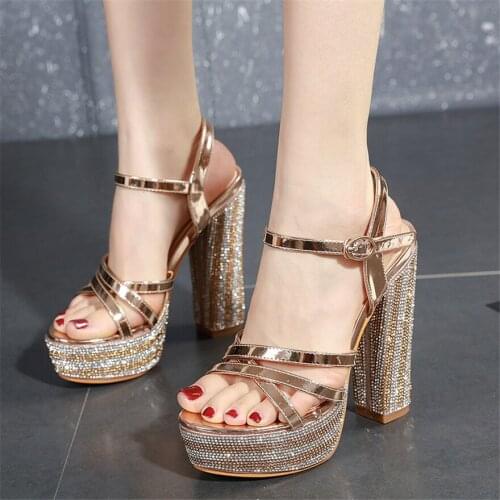 Luxury Rhinestone Women Sandals 2021 Summer Crystal Platform Super High Thick Heels 14cm Shoes Woman Buckle Open Toe Pumps Party