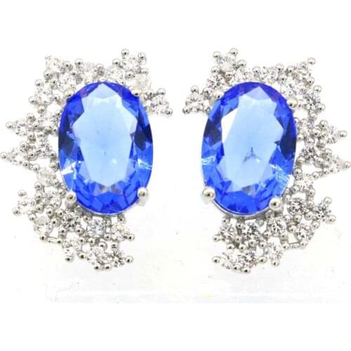 24x19mm Lovely Cute Created Paris Blue Topaz Bright Zircon Delicate Fine Cut Gift For Sister Silver Earrings Drop Shipping
