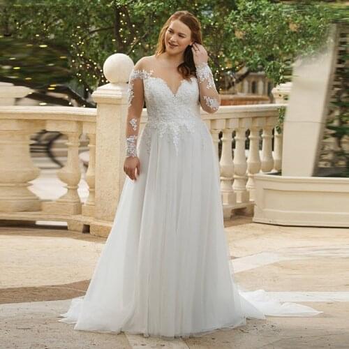 Vestido de noiva Long Sleeves A Line Tulle Plus Size Wedding Dress Lace Appliques Bridal Gown Back Button Vestido De Noiva