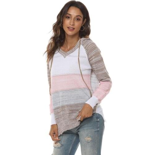 Women Casual V-Neck Hoodie Long Sleeve Hooded Sweater Knitted Pullover Hollow Out Striped Sweatshirt
