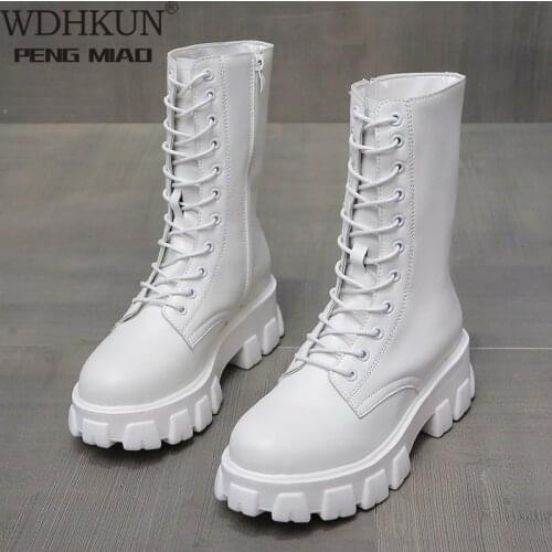 2021 Spring Women White Boots Autumn Fashion Black Leather Platform Gothic Boots Punk Combat Mid-Calf Boots for Women