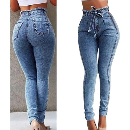 Ladies Elastic Slim Fringe Belt High Waist Jeans Casual Fashion Jeans AIC88