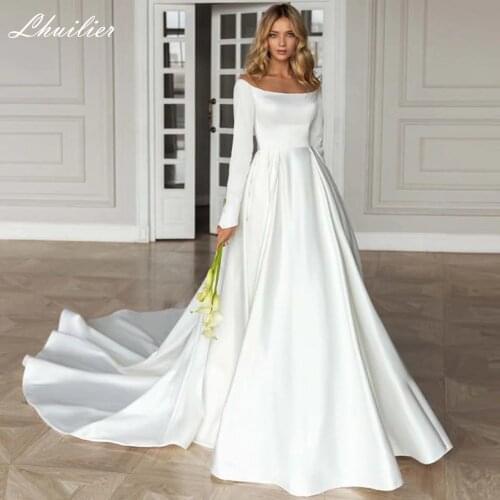 Lhuilier Womens A-Line Boat Neck Satin Wedding Dresses 2020 High Waisted Floor Length Bridal Gowns with Long Sleeves