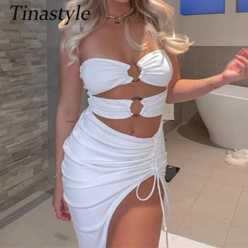 Tinastyle White Hollow Out Slit Summer Dress Women Off Shoulder Sexy Bodycon Beach Party Dresses Casual Nightclublub Vestidos