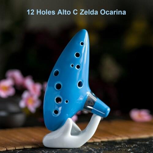 12 Holes Alto C Zelda Ocarina Ceramic Vessel Flute Wind Musical Instrument with Musicbook Lanyard Display Stand Musical Gift