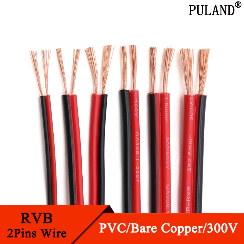 1 Meter RVB Red Black 2 Pins Electrical Wire 22 20 18 16 14 12 AWG PVC Insulated Bare Copper UL2468 Power Lines LED Cables