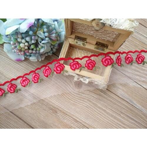 2Yds Red Flower White Mesh Tulle Embroidery Edge Lace Trim Home Decoration Accessory DIY Sewing Wedding Handmade Decor Supplies